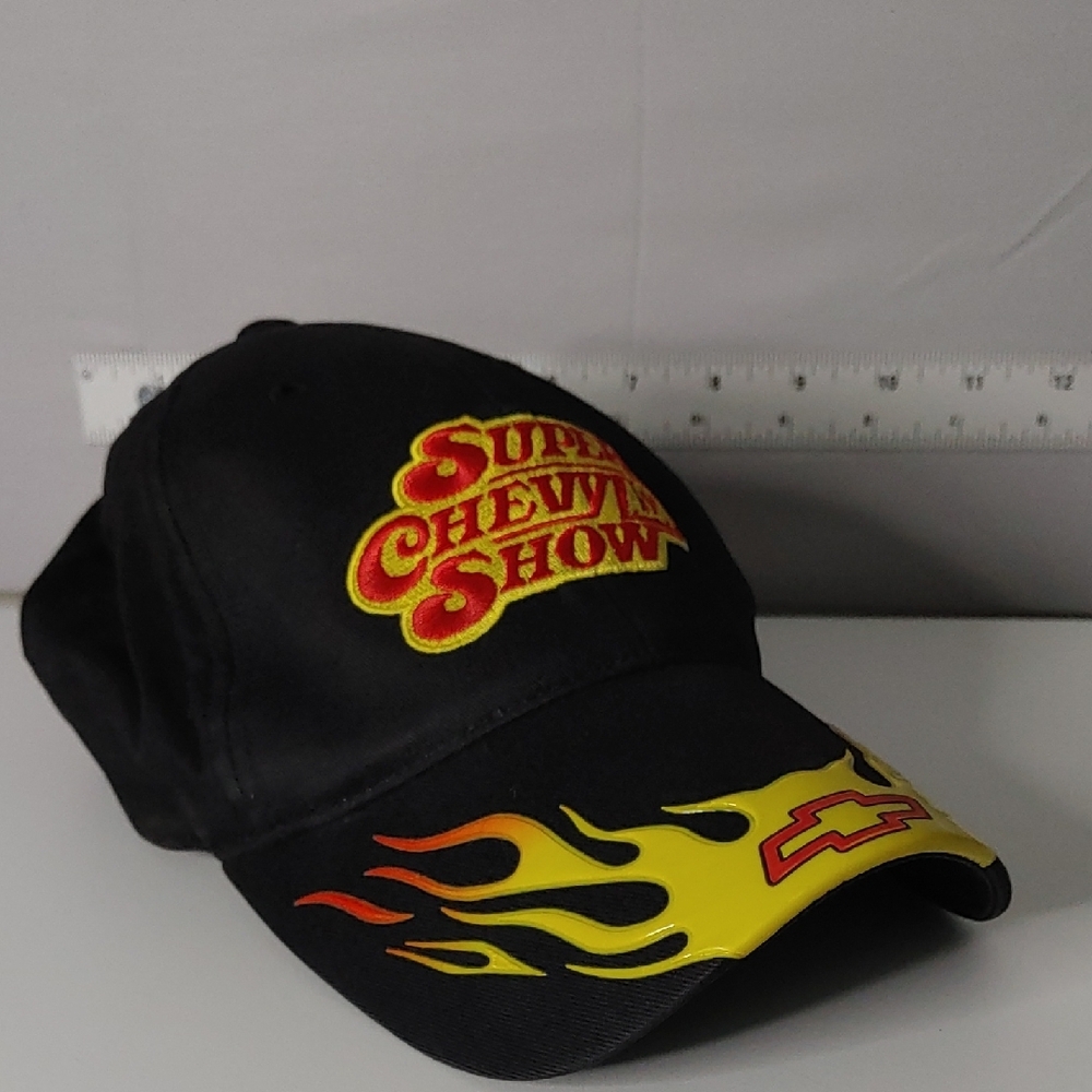 Super Chevy Vtg Show Hat Mens Black w Flame Embroidered Baseball Cap Worn Clean